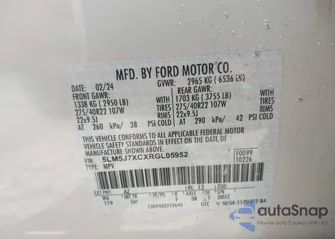 2024 Lincoln Aviator Reserve z USA, uszkodzony, nr VIN 5LM5J7XCXRGL05952